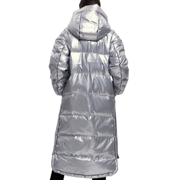 LIT Activewear Maxi Laser Long Parka Silver Metallic Down & Feather Y2K Jacket - Picture 7 of 15
